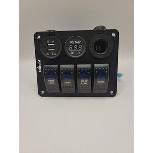 New 4 Gang Rocker Switch Panel Waterproof Pre-Wired USB And Lighter Socket